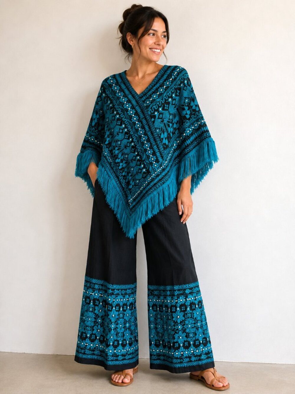 Vintage Embroidered Ethnic Pant and Poncho Set XS